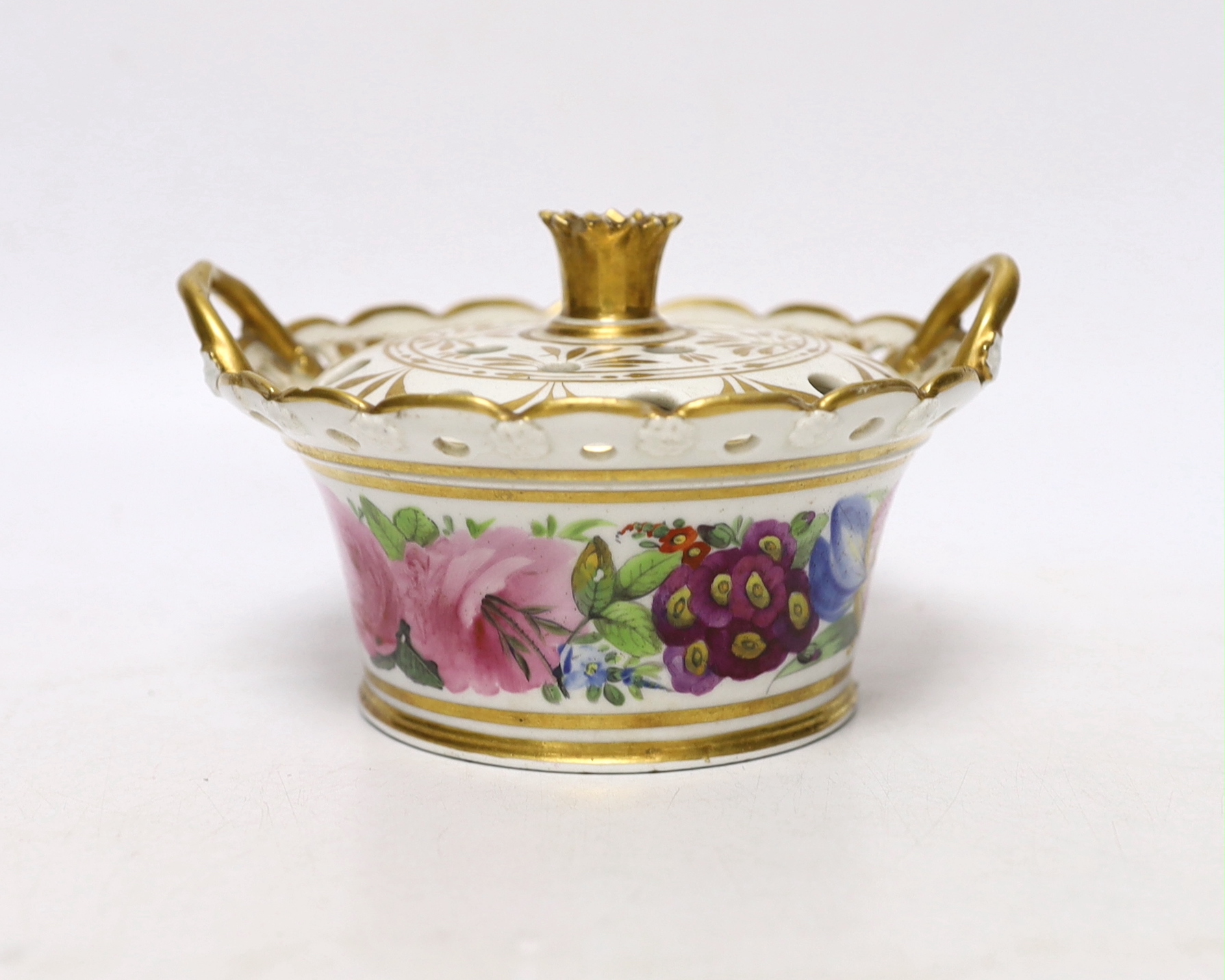 A Coalport pot pourri basket and cover painted with flowers, perhaps in the workshop of Thomas Baxter c.1805-10, 7.5cm high